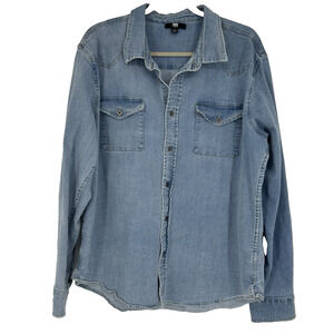 Frye Mens Denim Button Up Shirt Western Medium Wash Long Sleeve Pockets Size L